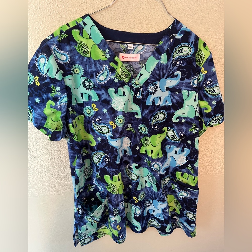 Elephant Print Scrub Shirt - Blue and Green